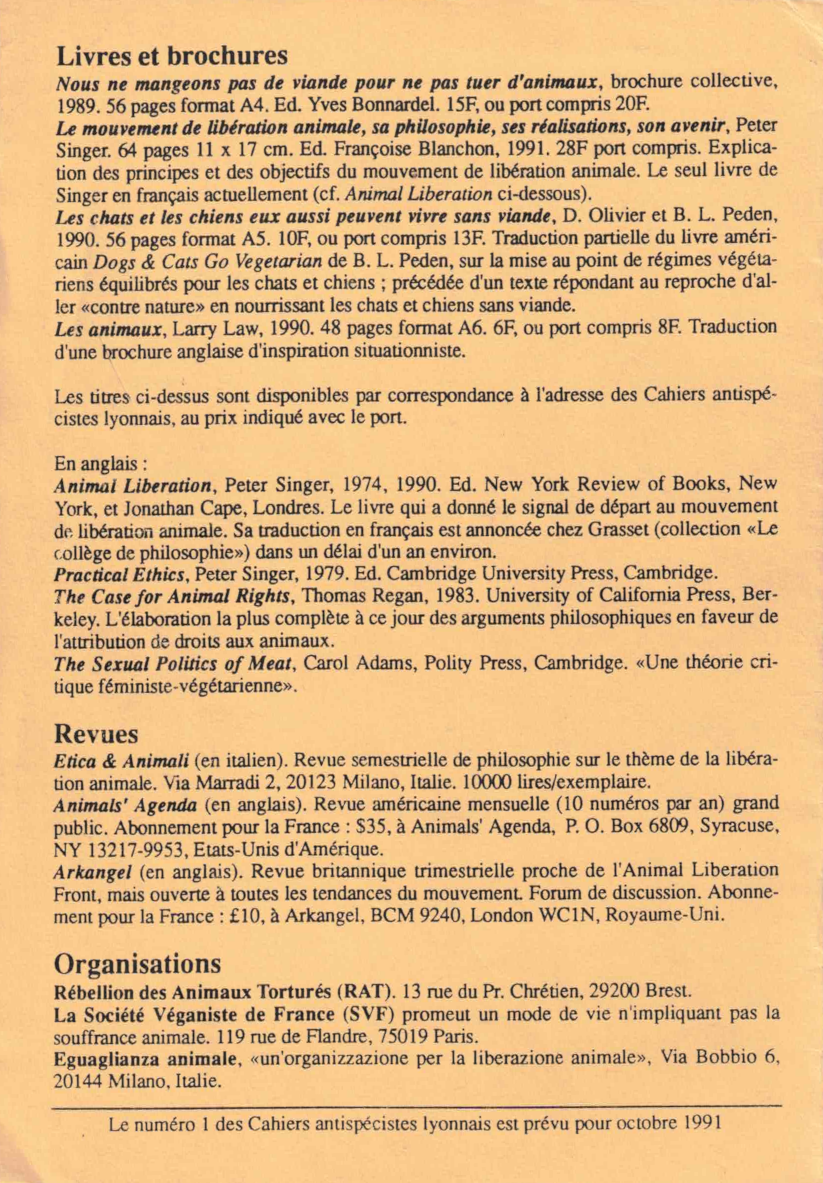 Quatrième de couverture du numéro zéro des Cahiers antispécistes (septembre 1991).