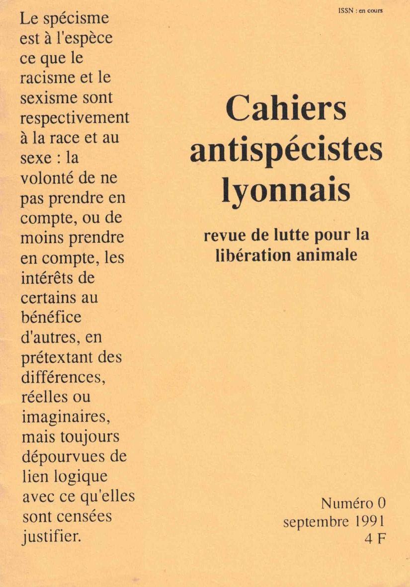 Couverture du numéro zéro des Cahiers antispécistes (septembre 1991).