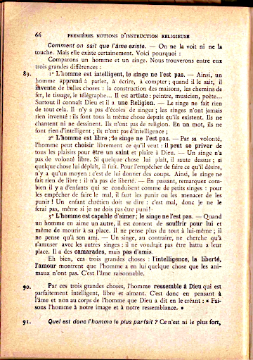 Image de la page d'un livre religieux, faisant une liste de prétendus contrastes entre les humains et les animaux.