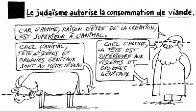 Dessin «Le judaïsme autorise la consommation de viande» – justifié par le fait que les humains, contrairement à «l'animal», ont la tête plus haute que leurs organes génitaux.